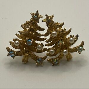 Vintage Gold Tone MYLU Christmas Tree Earrings with Pearls and Rhinestones